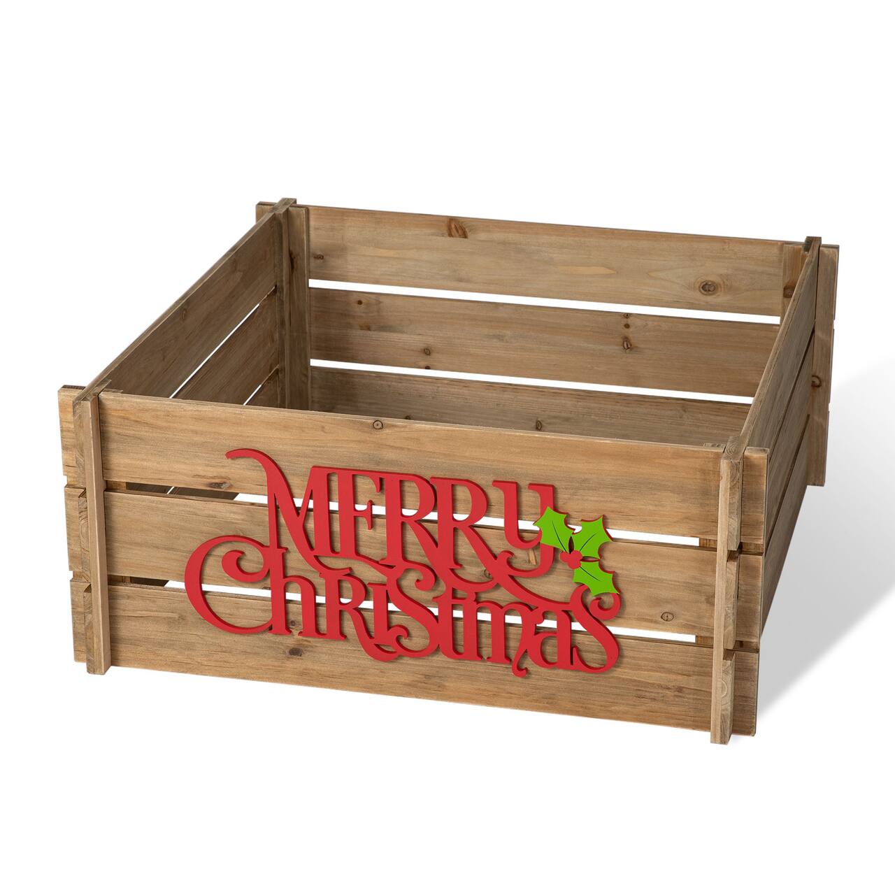 Glitzhome® Merry Christmas Wood Crate Tree Collar